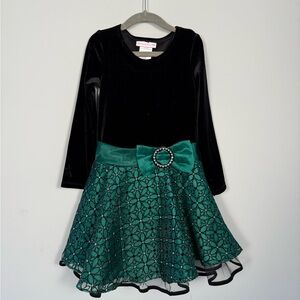 Bonnie Jean Girls Green and Black Velvet Christmas Dress Size 5